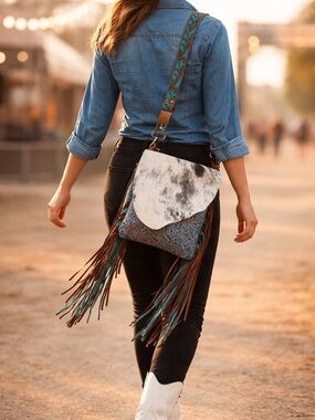 Myra Cowhide Crossbody Bag Conceal Carry Western Boho Leather Fringe Cowgirl